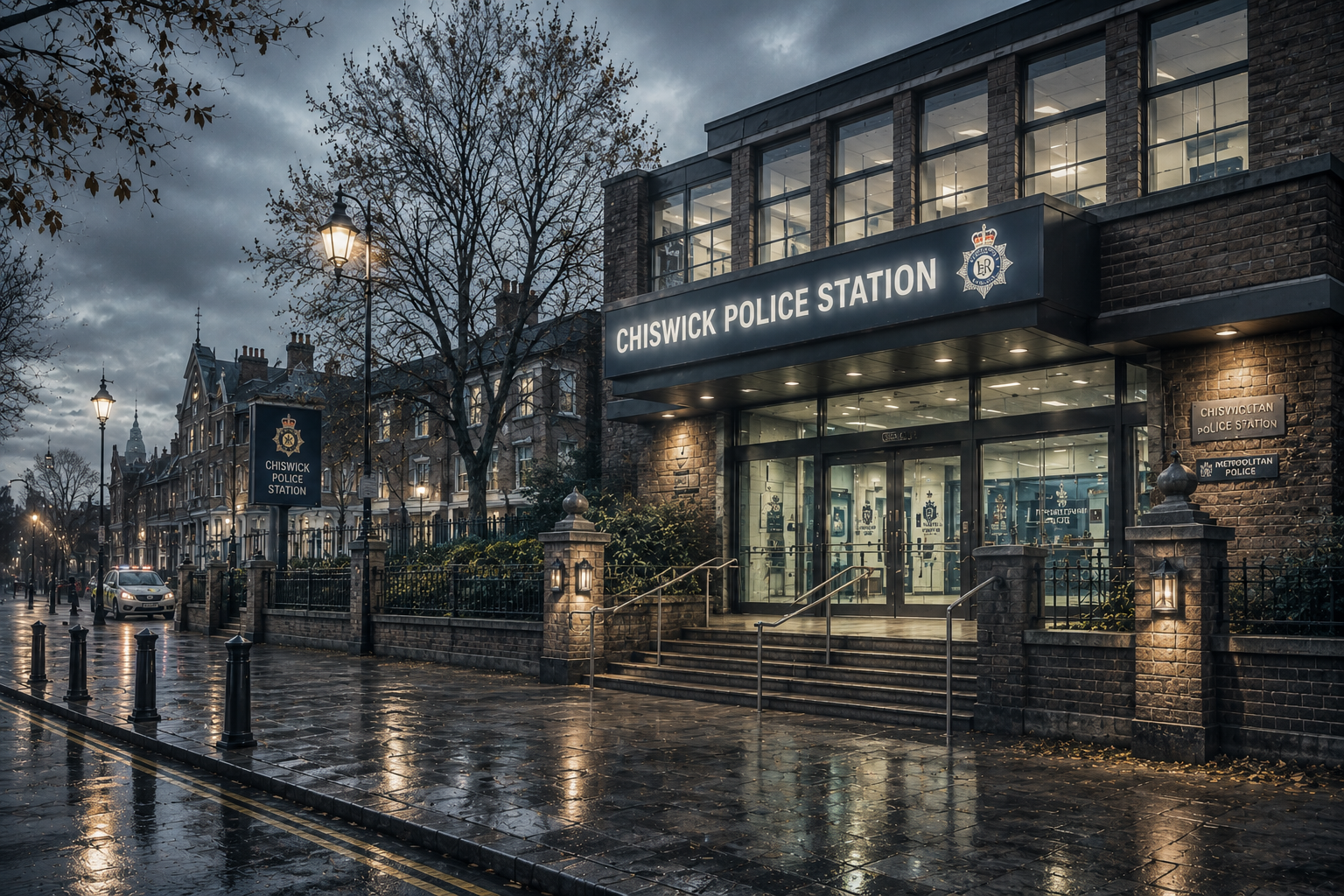Dark and moody outside view of a fictional police station for Acts of Omission Chapter 1