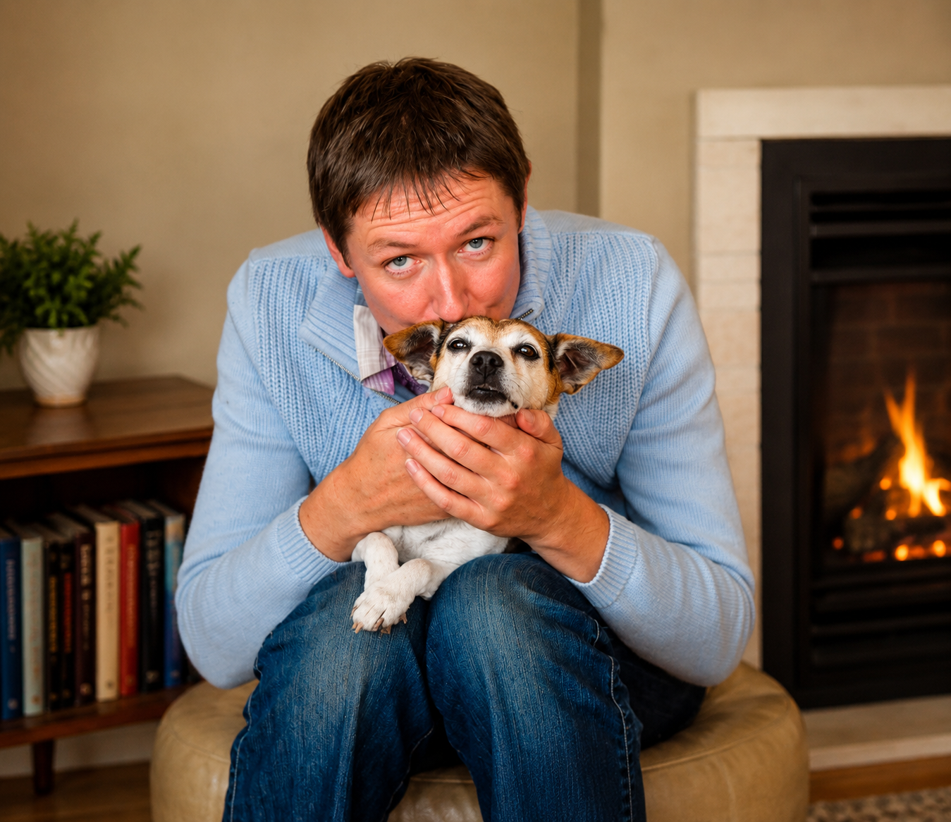 Reinette holding and kissing her Jack Russell, Sammy.