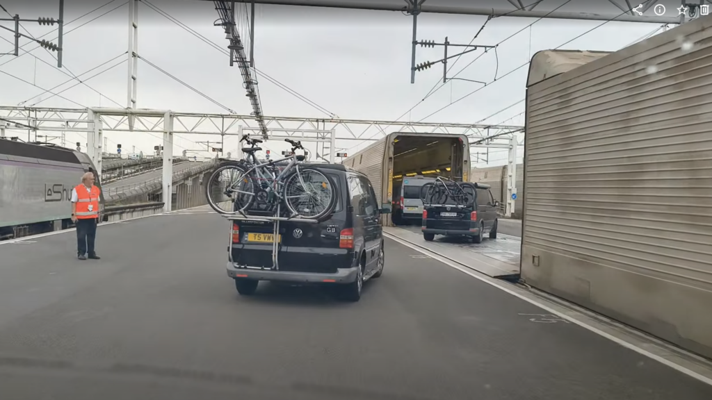 Driving into the Eurotunnel train.