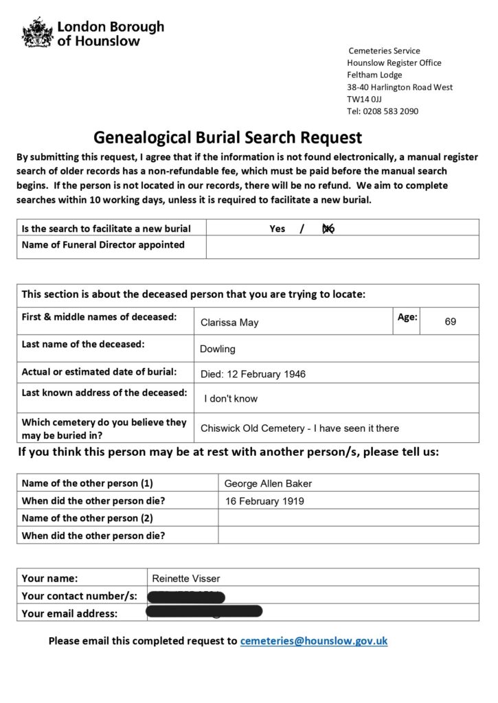 Genealogical Burial Search Request Form