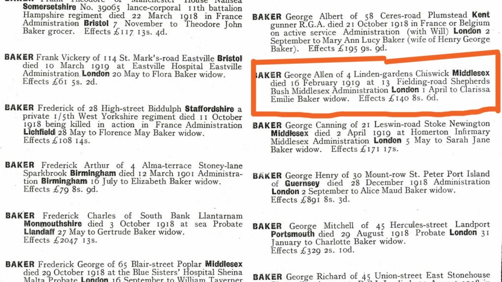 George Allen Baker Probate Notice showing where he lived and died, and his wife's name.