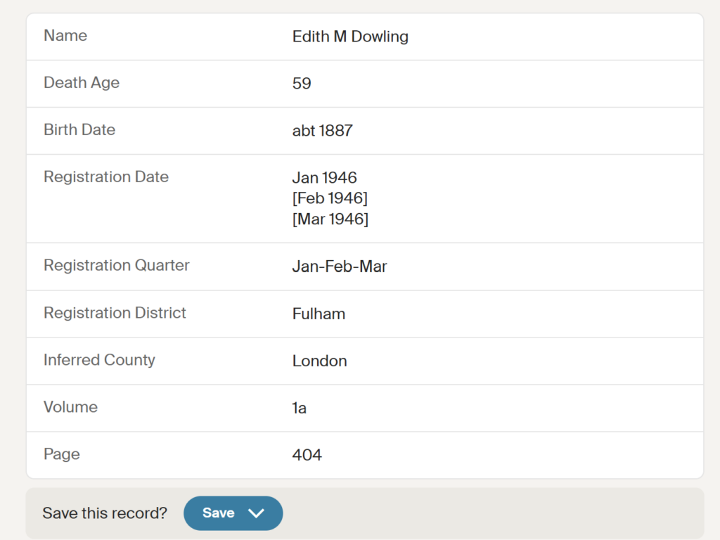 Edith May Dowling death entry on Ancestry